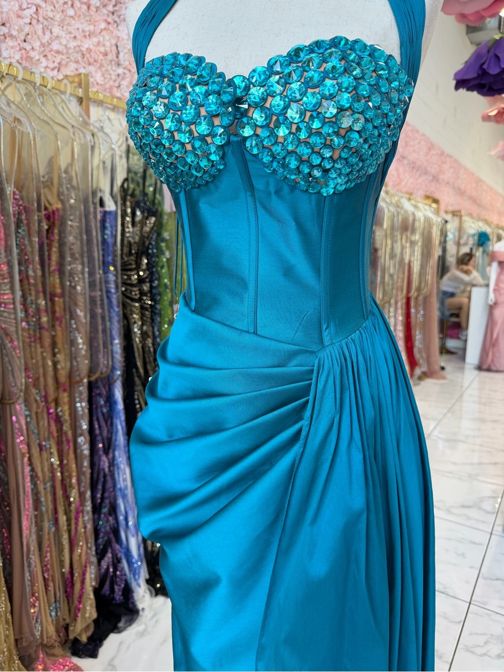 TARIK EDIZ Teal Crystal Bustier Gown